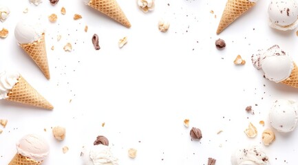 Ice cream cones and scoops arranged in a frame on white background with sprinkles and toppings.