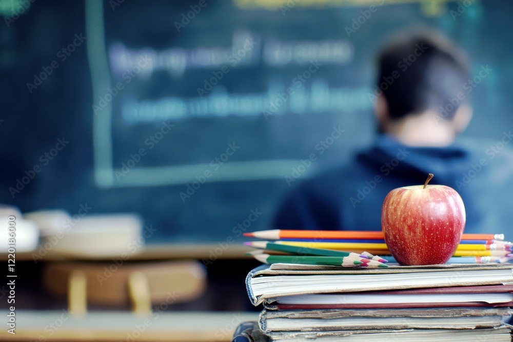 Poster classroom setting with a fresh red apple on a stack of books and colorful pencils in the foreground,