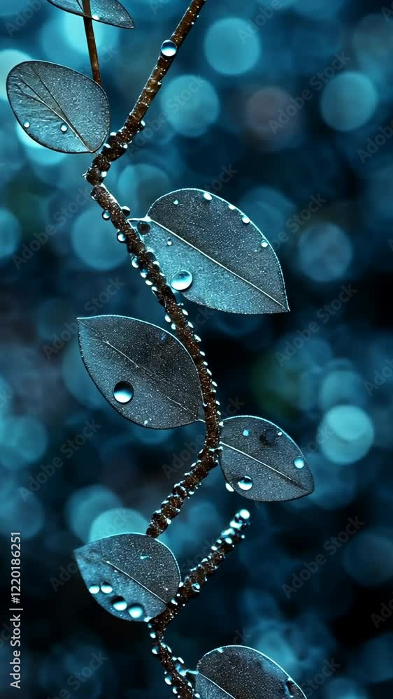 Poster dew drops on delicate leaves create a mesmerizing display against a blue bokeh background in nature'