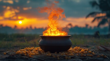 Traditional pongal festival scene with a boiling pot and sugarcane in a rural field