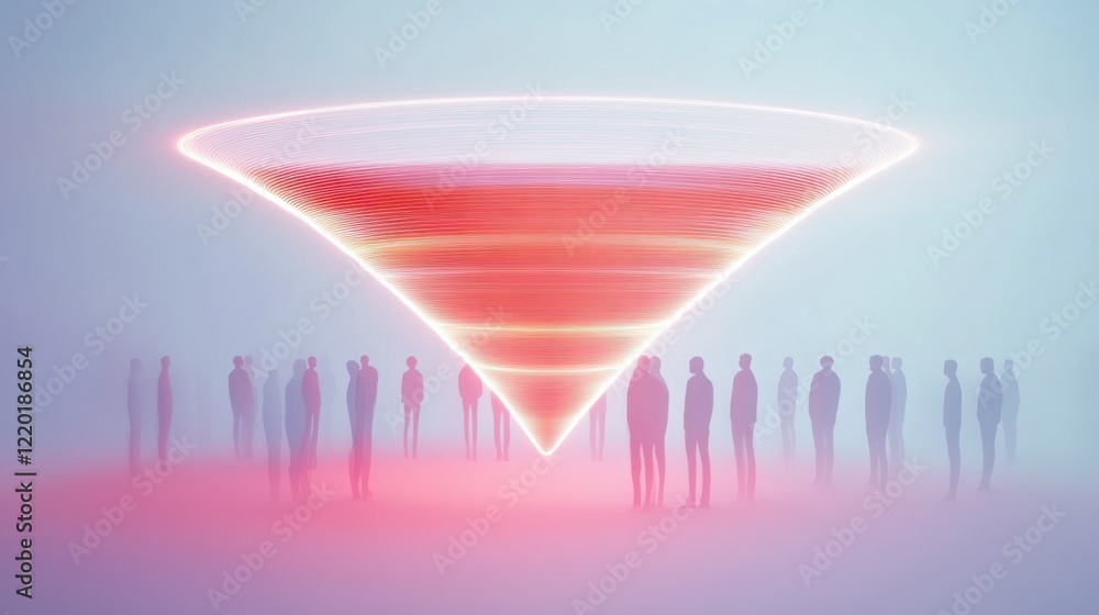 Poster a bold and dynamic 3d funnel visualizing audience attraction with glowing lines and floating human s