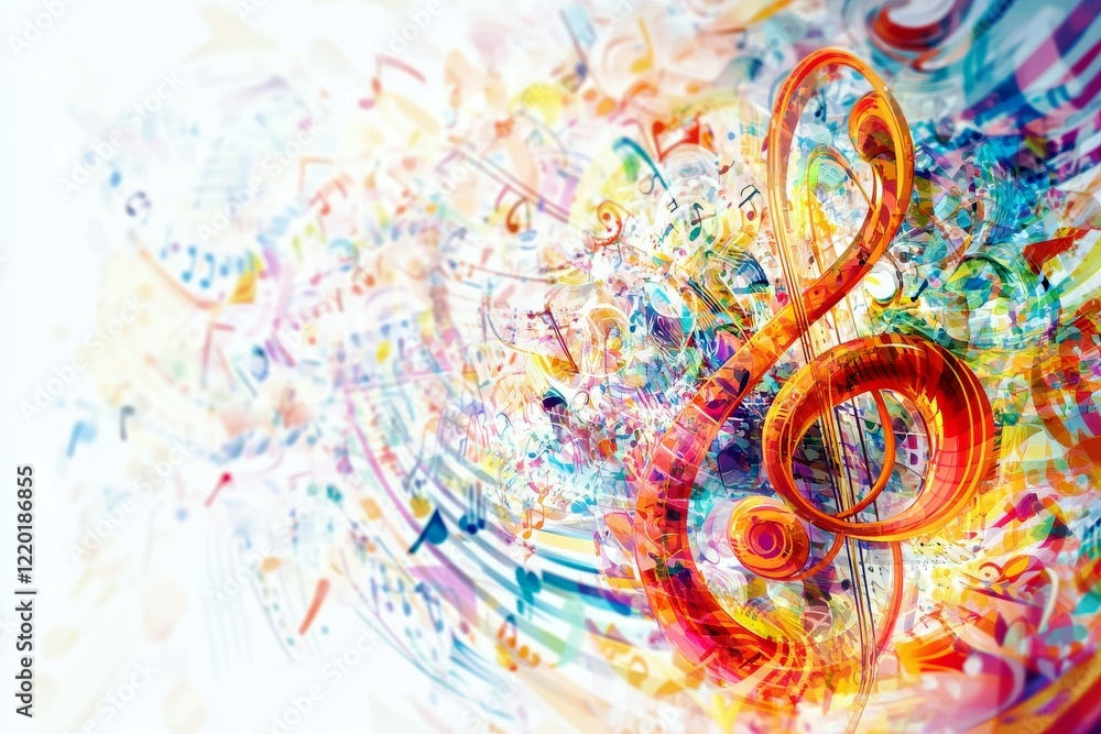Poster colorful abstract music visualization with treble clef surrounded by swirling notes and vibrant patt