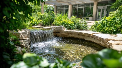 A serene garden scene featuring a gentle waterfall flowing into a clear pond, surrounded by lush greenery and modern architecture in the background.