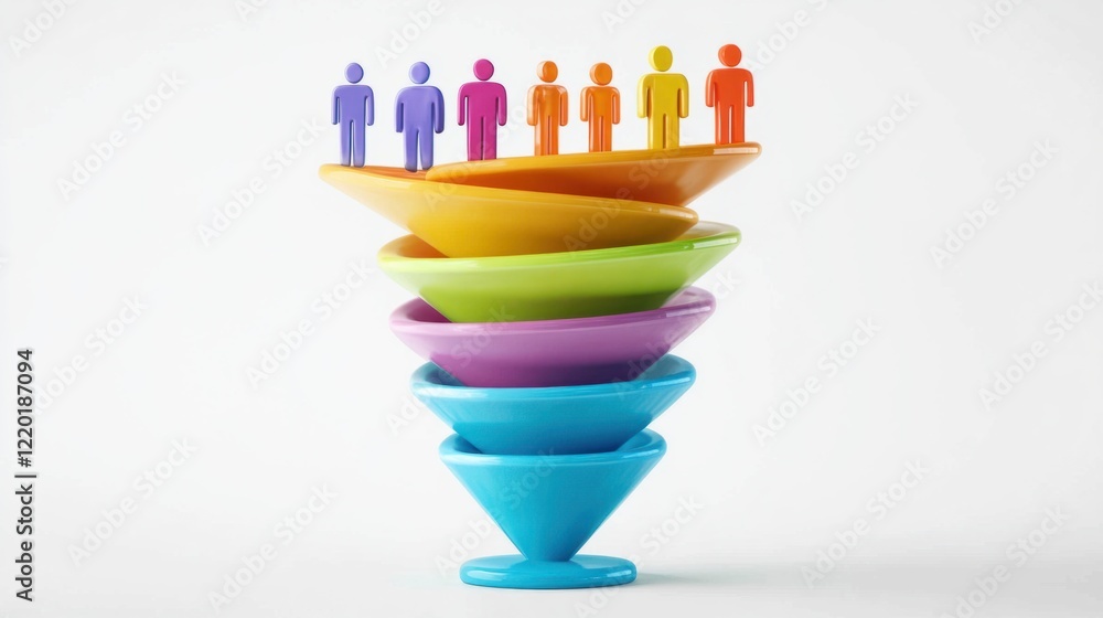 Poster a colorful 3d funnel with multiple levels, showing icons of people being attracted into it, isolated