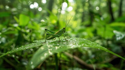 A grasshopper on a green leaf in a forest setting.