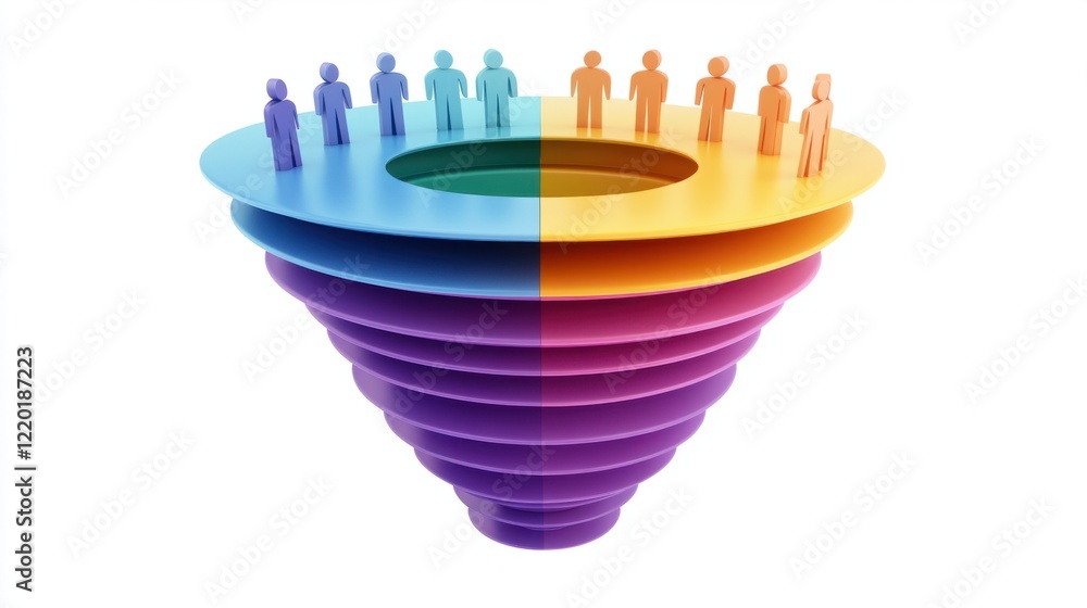 Aufkleber a colorful 3d funnel with multiple levels, showing icons of people being attracted into it, isolated