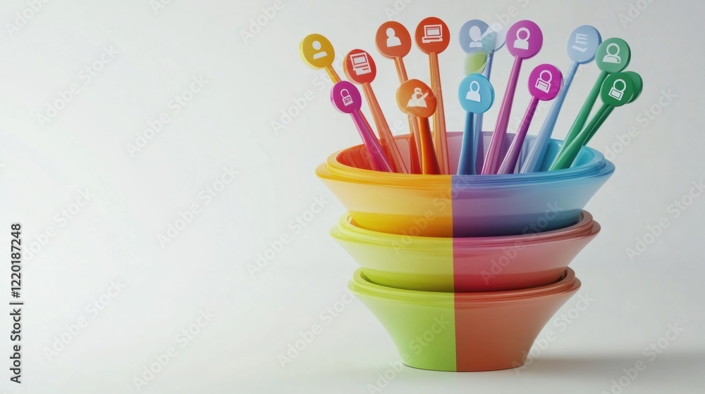 Poster a colorful 3d marketing funnel with audience icons entering the top and arrows showing the conversio