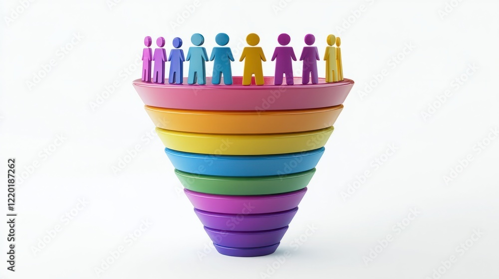 Poster a colorful 3d funnel with multiple levels, showing icons of people being attracted into it, isolated