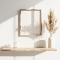 Minimalist interior design with wooden shelf, frame mockup, pampas grass, and glass jar.