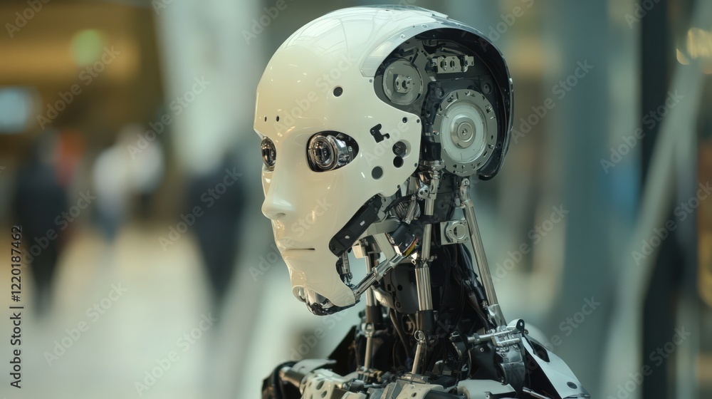 Poster close up of a humanoid robot with visible inner mechanisms on the head and neck area