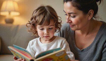 Mother reading a book with her young daughter in a cozy home setting