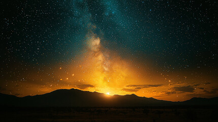 Obraz premium Majestic Milky Way galaxy over a mountain range at sunset.