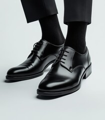 Polished black leather men's oxfords with black socks and pants.