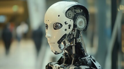 Fototapeta premium Close up of a humanoid robot with visible inner mechanisms on the head and neck area