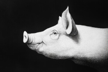 Black and white detailed engraving of the profile view of a pig's head, with high contrast.