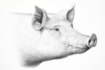Black and white detailed engraving of the profile view of a pig's head, with high contrast.