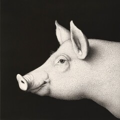 Black and white detailed engraving of the profile view of a pig's head, with high contrast.