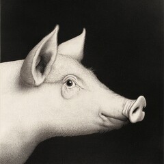 Black and white detailed engraving of the profile view of a pig's head, with high contrast.