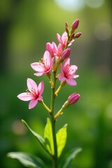 Fototapeta premium Delicate pink flowers bloom on a lush green stem in bright daylight, green foliage, spring, bloom