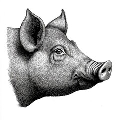 Black and white detailed engraving of the profile view of a pig's head, with high contrast.