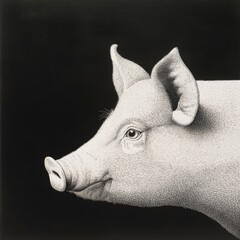 Black and white detailed engraving of the profile view of a pig's head, with high contrast.