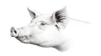 Black and white detailed engraving of the profile view of a pig's head, with high contrast.
