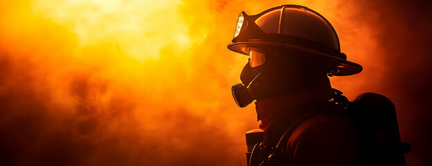 Firefighter silhouette, inferno backdrop