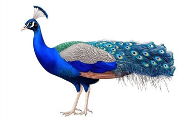 A blue and brown peacock with a large head and long tail feathers