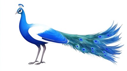 A blue and green peacock with its head held high