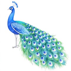 A blue and green peacock with its head held high