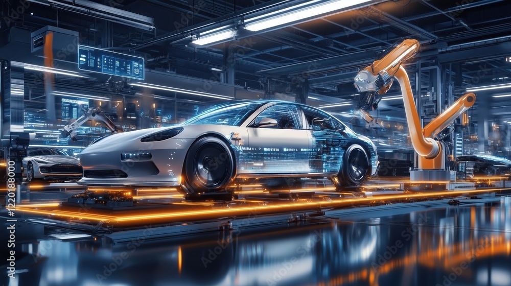 Poster automated vehicle assembly process modern factory 3d technology visualization industrial environment
