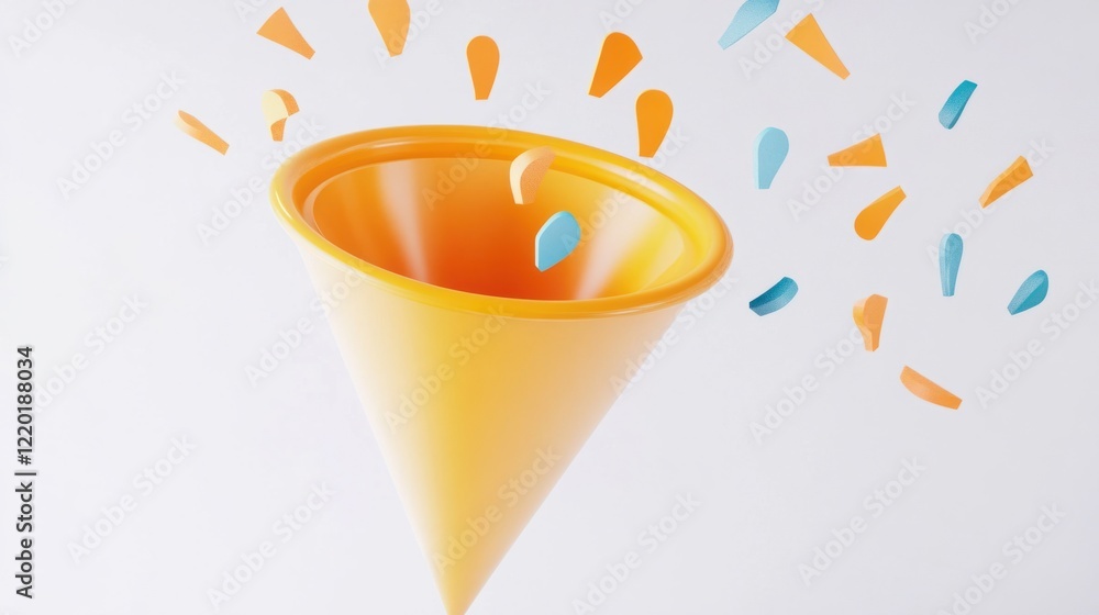 Poster a dynamic 3d funnel with arrows pointing to audience icons entering its wide opening, symbolizing ma