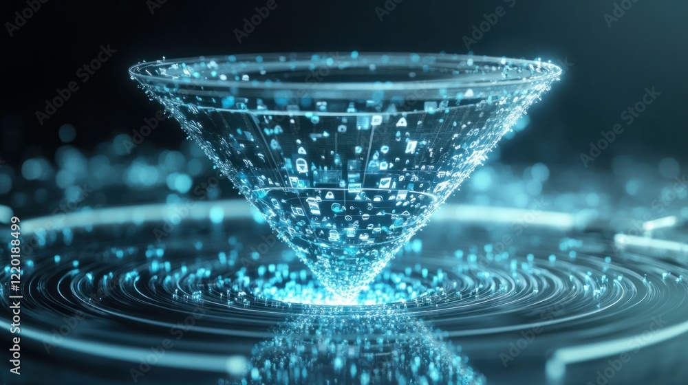 Poster a futuristic 3d funnel surrounded by glowing particles, pulling in audience icons with dynamic motio