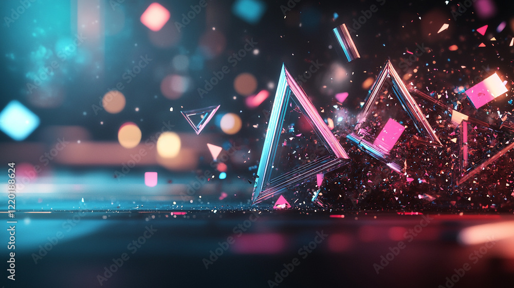 Poster vibrant abstract geometric structure with glowing triangles and particles