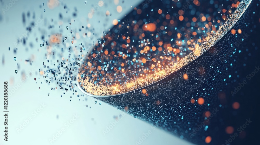 Aufkleber a futuristic 3d funnel surrounded by glowing particles, pulling in audience icons with dynamic motio
