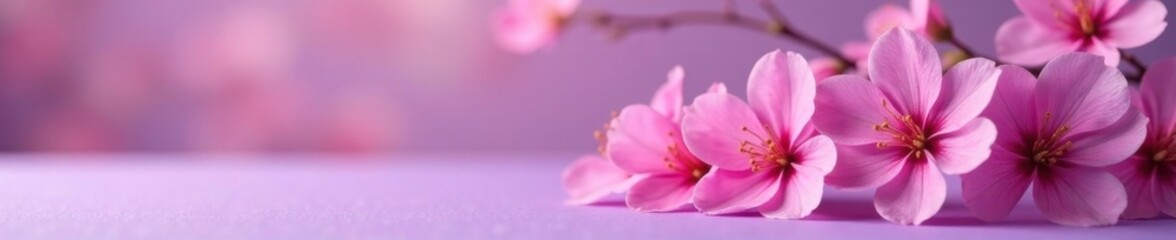 Delicate pink flowers bloom on a purple table as they sway gently in the spring breeze, blooms, blossoms, purple