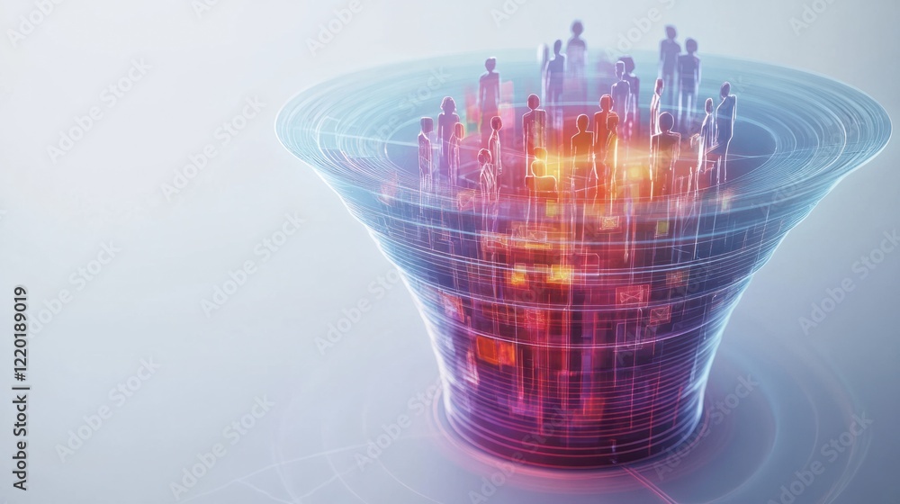 Poster a futuristic 3d funnel with transparent layers and glowing edges, pulling diverse audience symbols i