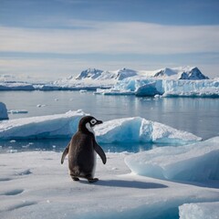 A baby penguin standing on snow, with a backdrop of icebergs and a polar sky.