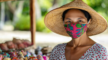 masked street vendor smiles while selling handmade crafts at vibrant market