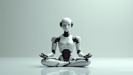 Fototapeta premium white robot doing meditation advanced engineering technological advancement moment of meditation robot's eyes are closed aura of calm minimalist