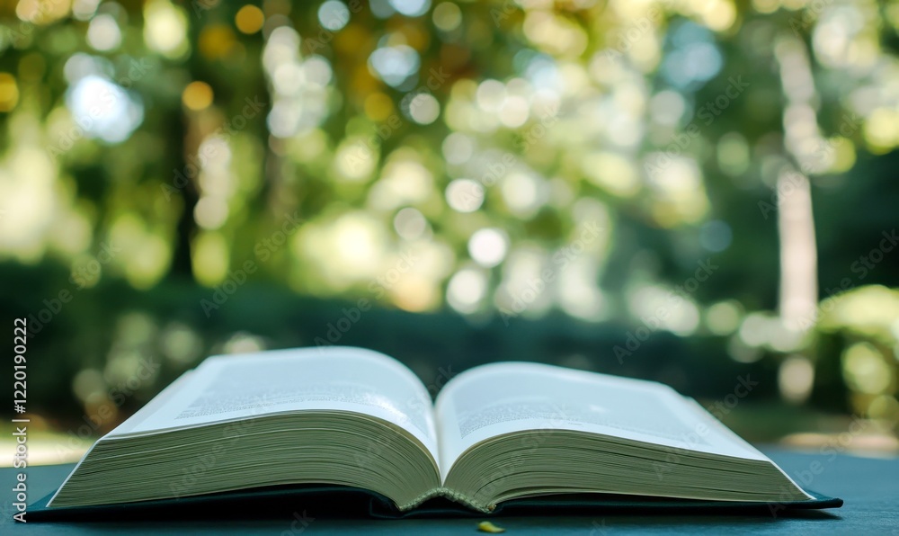 Poster open book on a table surrounded by nature in bright green background with blurred trees and soft lig