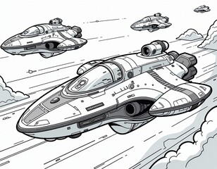 Futuristic Spaceships Flying Through Clouds - Sci-Fi Illustration