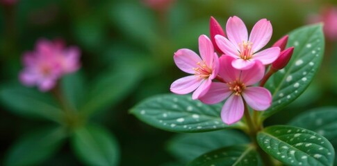 Delicate pink flowers on spotted elongated leaves, pink blooms, flora