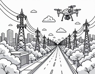 Obraz premium Drone View of Highway, Power Lines, and Cityscape - Black and White Line Art Illustration