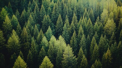 Obraz premium Aerial view of dense evergreen forest, nature background, environmental conservation
