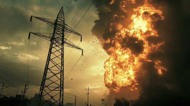 Explosion with flames near an electrical transmission tower