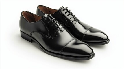 Two shiny black leather dress shoes on a white surface. Product shot for retail use