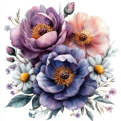 Beautiful floral arrangement featuring peonies and daisies with delicate leaves and buds, ideal for decor