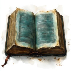 An open vintage book with worn pages, showcasing intricate details and a soft, artistic background