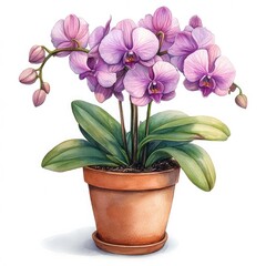 A vibrant display of purple orchids in a terracotta pot, showcasing their beauty against a soft background